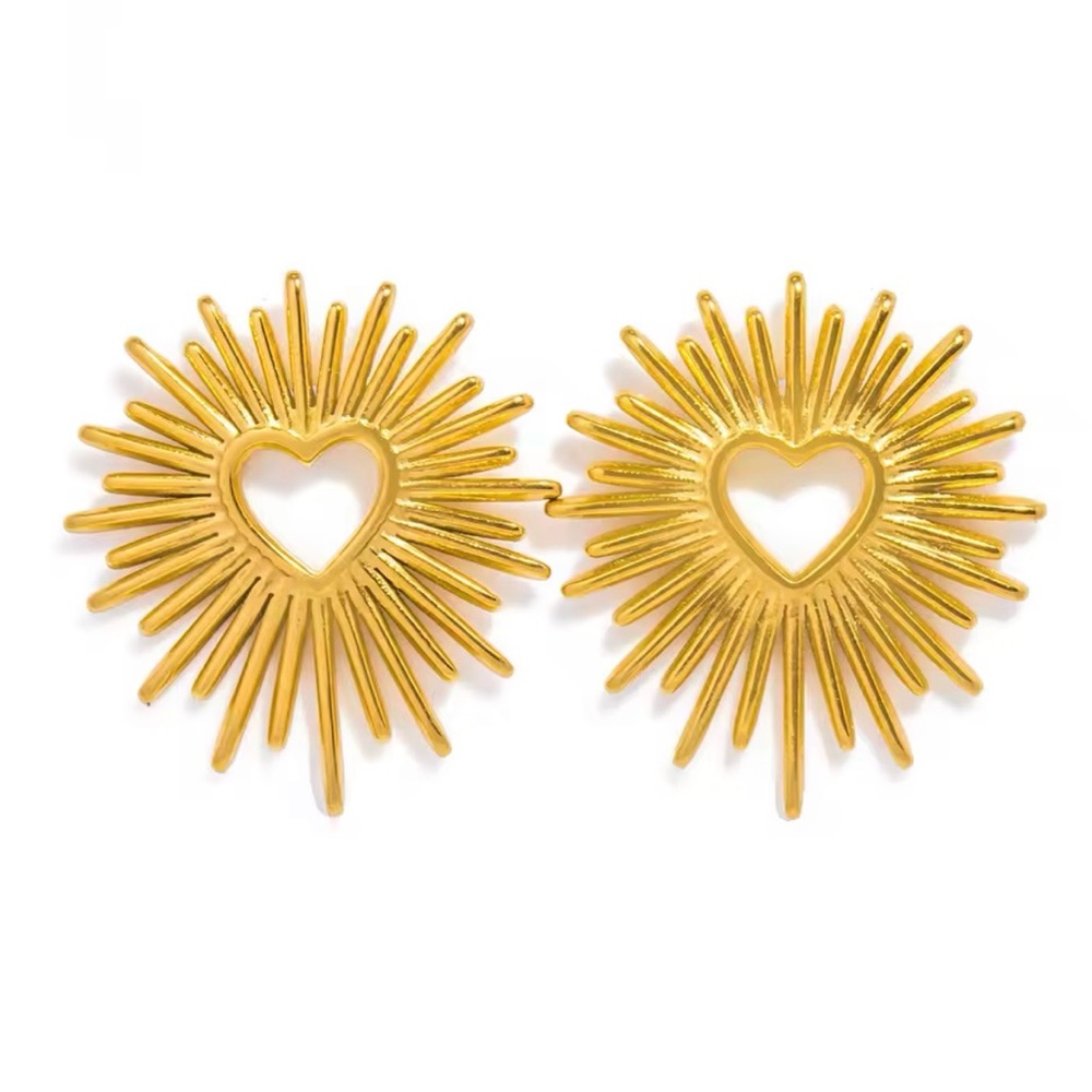 Gold Sunburst Heart Stud Earrings